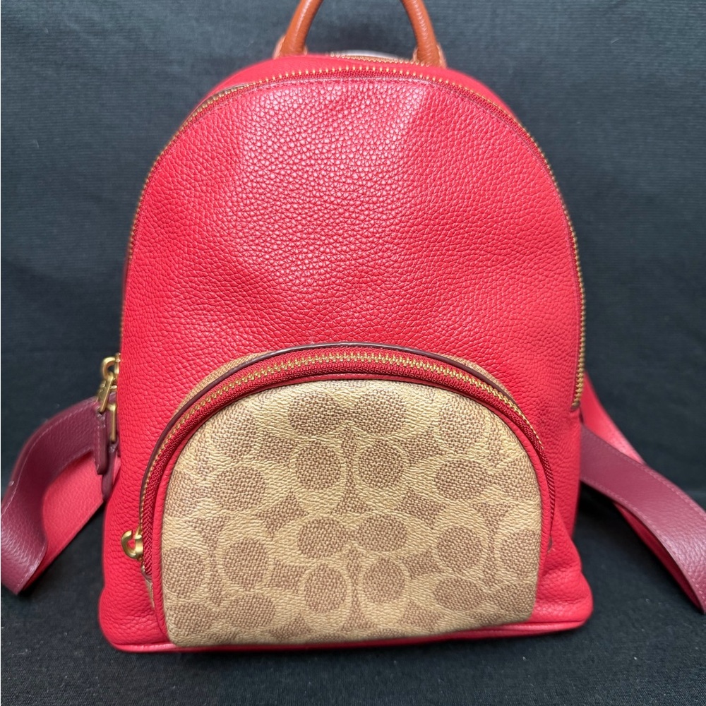 Coach Red Pebbled Leather Mini Backpack with Signature Canvas Pocket